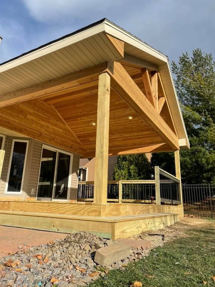 Timber frame covered porch under construction