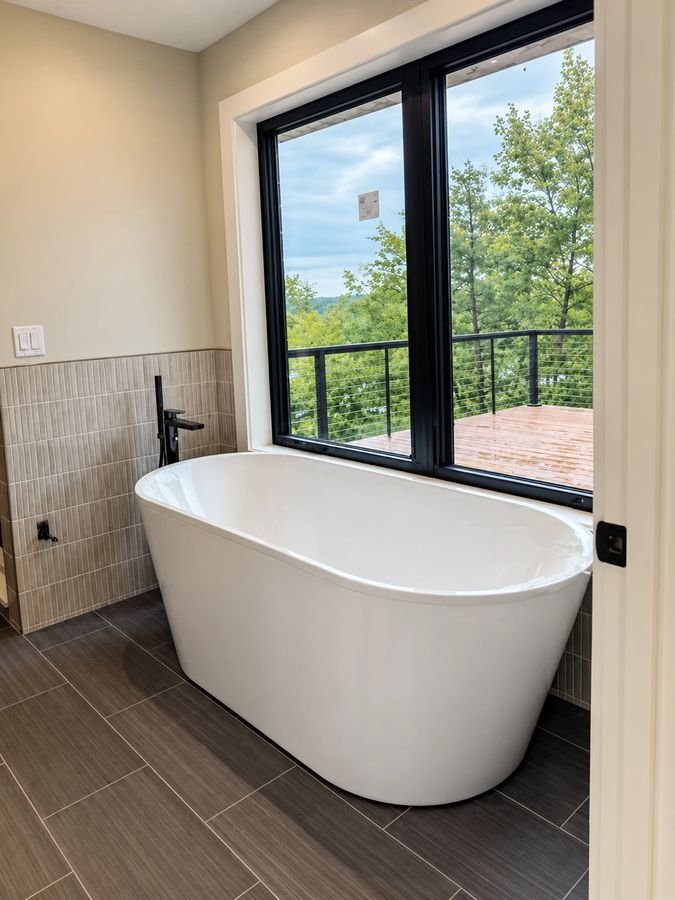 Freestanding white tub beneath a black-framed window looking out to the deck and the trees