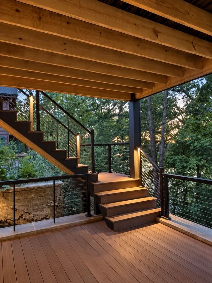 Lit stair and landing beneath the deck framing at dusk, with cable rails and the trees beyond