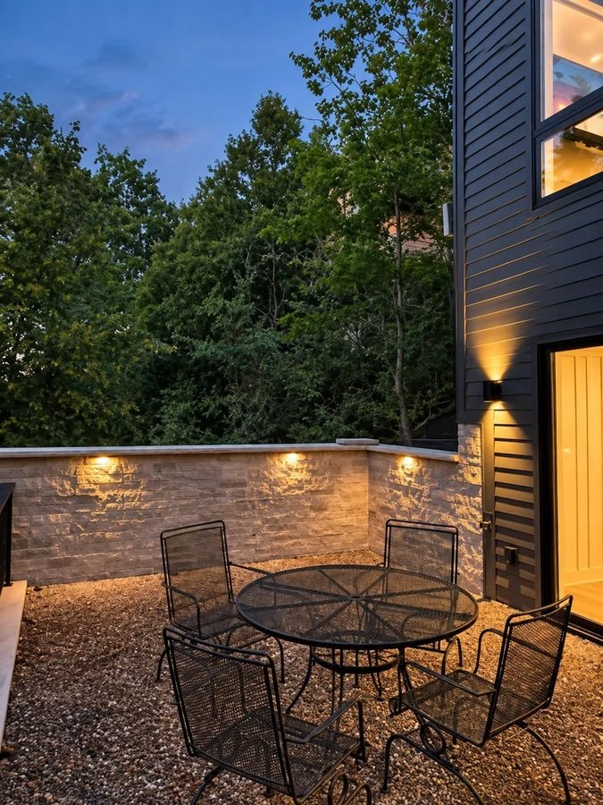 Gravel patio with a lit stone retaining wall and the dark siding of the house at dusk