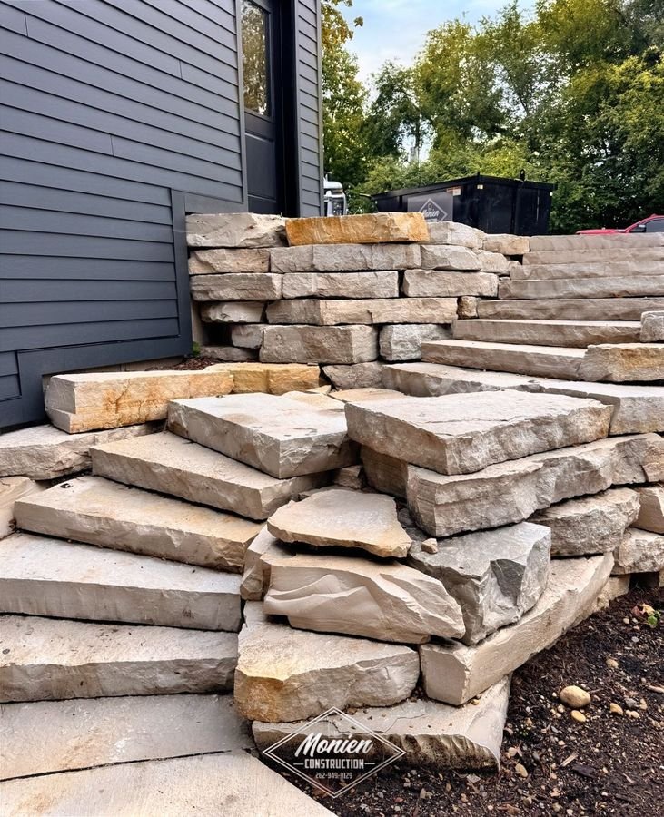 Stacked natural stone steps and retaining wall beside the dark siding of the house